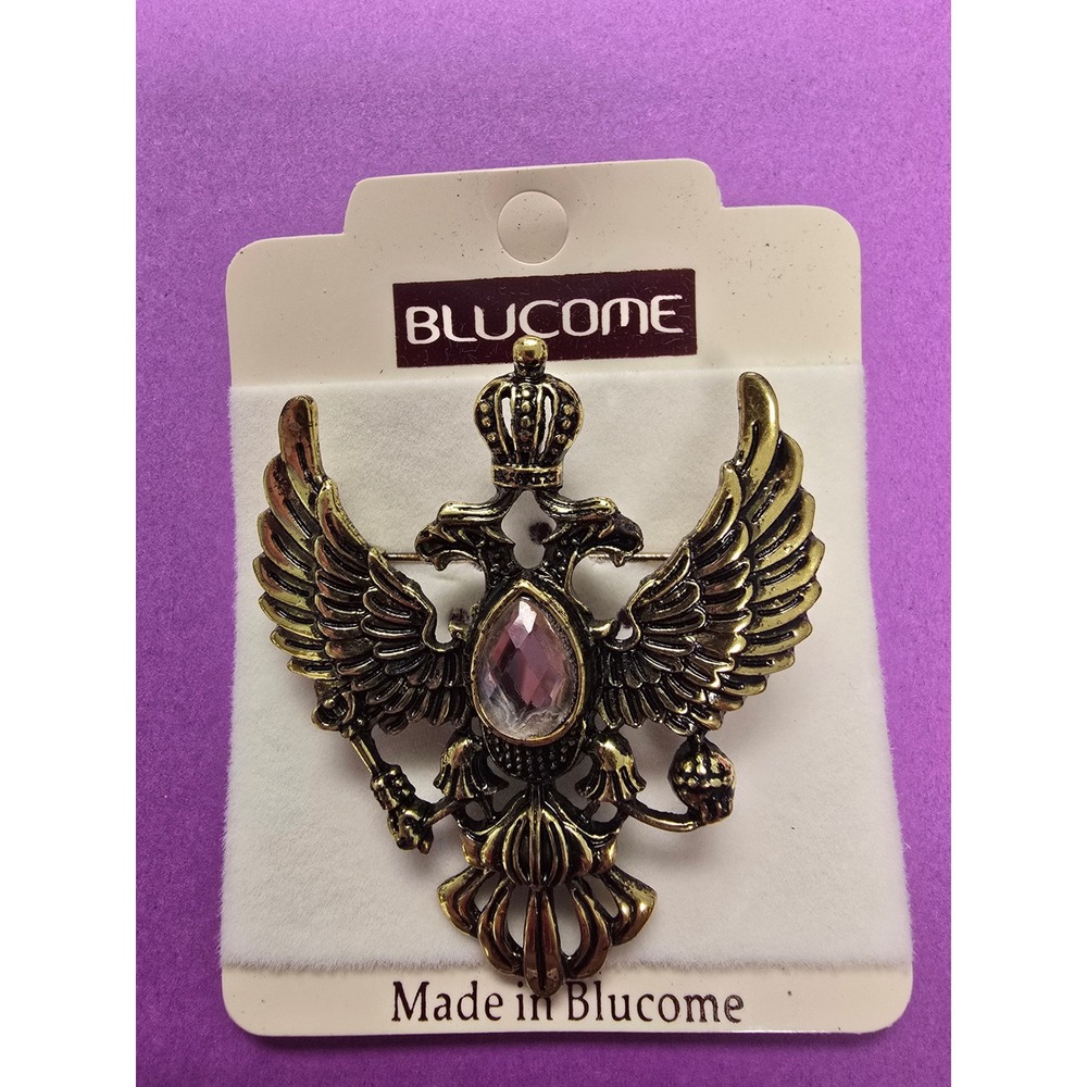 Blucome Imperial Double Headed Eagle Brooch Antique Gold Pink Rhinestone Crown